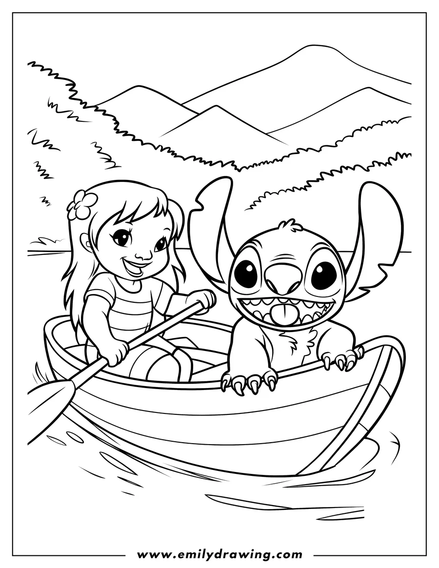 Line art of Lilo and Stitch rowing a small boat on a lake, with hills and foliage in the background.
