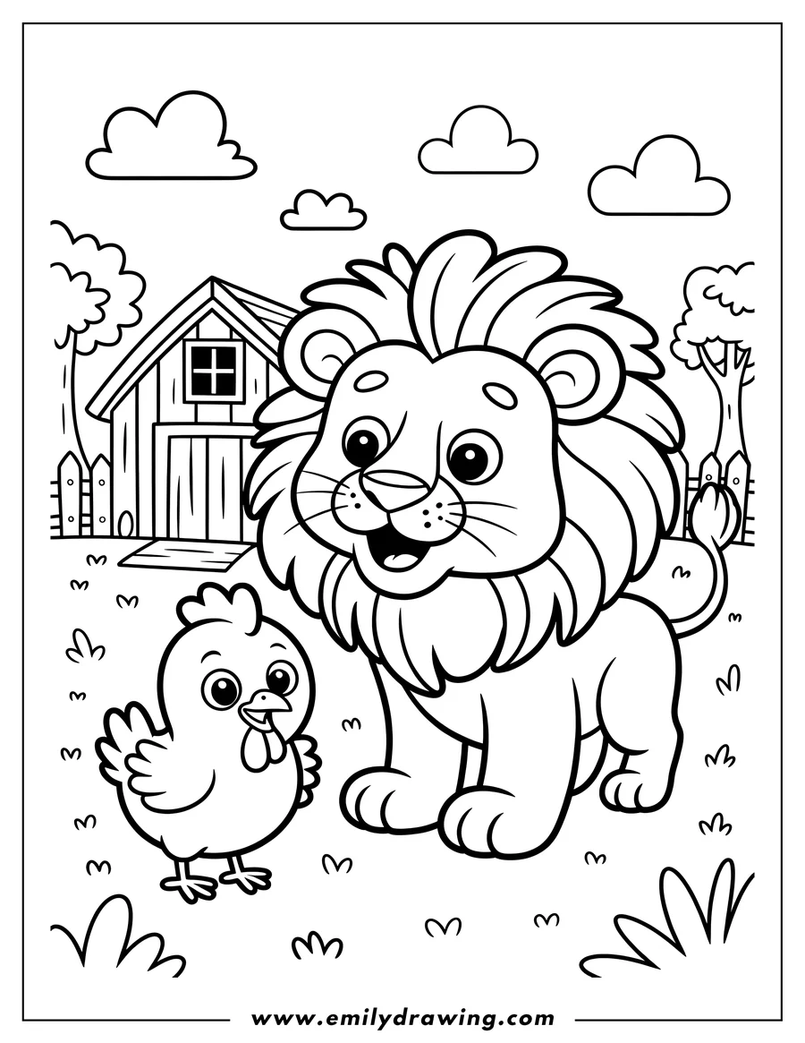 Outline of a lion cub and a chick standing on a farm near a barn. Trees, grass, and clouds complete the friendly farm scene.