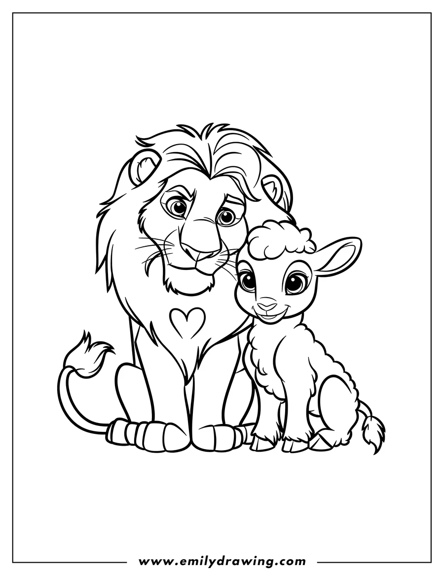 Outline of a lion and a lamb standing together. The lion has a heart on its side.