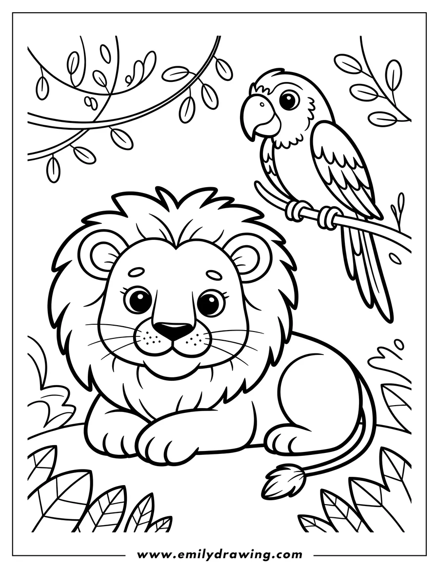 Outline of a lion cub and parrot in the jungle. The lion sits calmly while the parrot perches on a branch.
