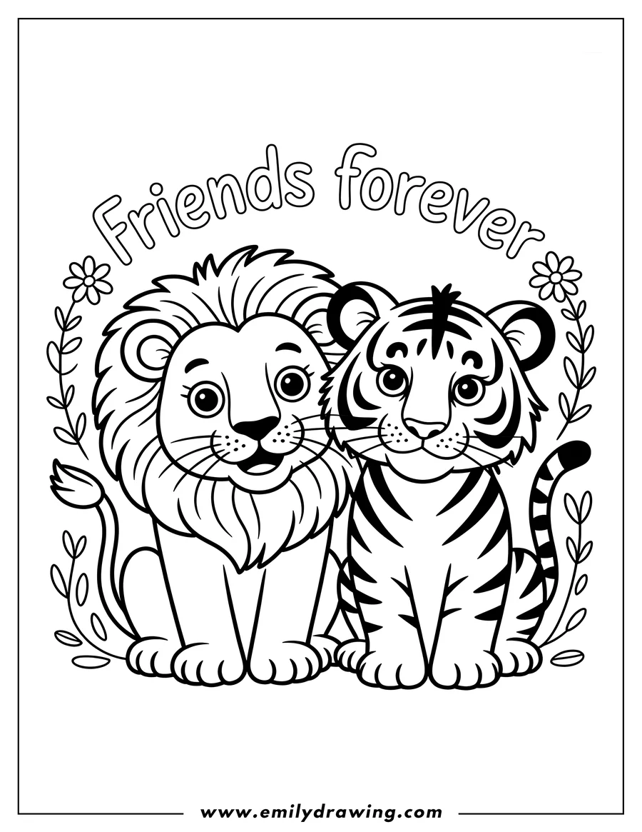 Line art of a lion and a tiger sitting together, with the words 'Friends Forever' above them.