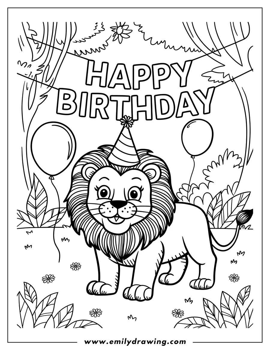 Outline of a lion wearing a birthday hat at a party, surrounded by balloons.