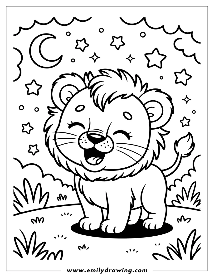 Outline of a lion cub standing at night under a crescent moon and stars.