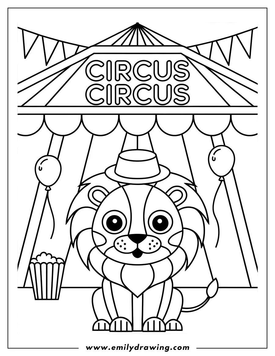Outline of a lion sitting at the circus, with balloons and popcorn nearby, under a big top tent.
