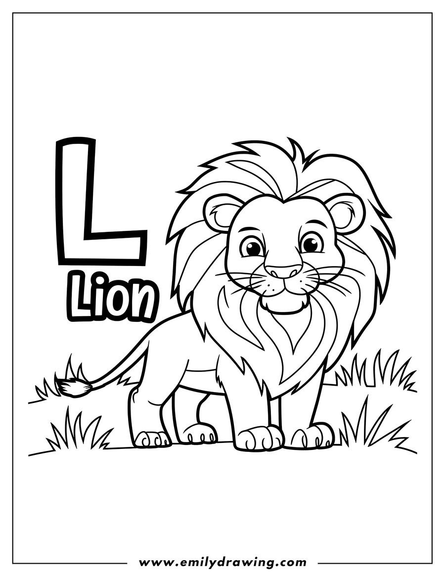 Line art of a lion standing in the grass. The letter L and the word Lion are written above and to the side. This is intended to be a coloring page.