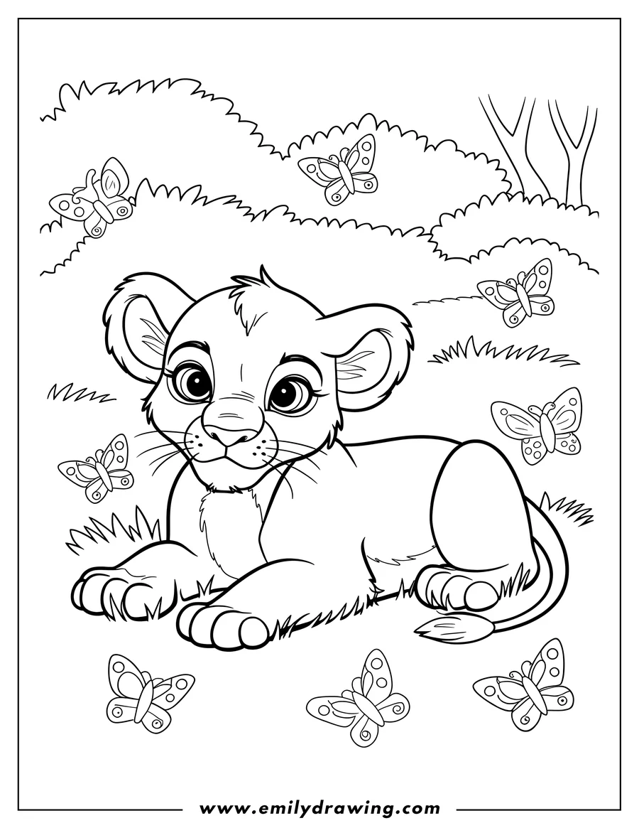 Outline of a lion cub lying in the grass surrounded by butterflies.