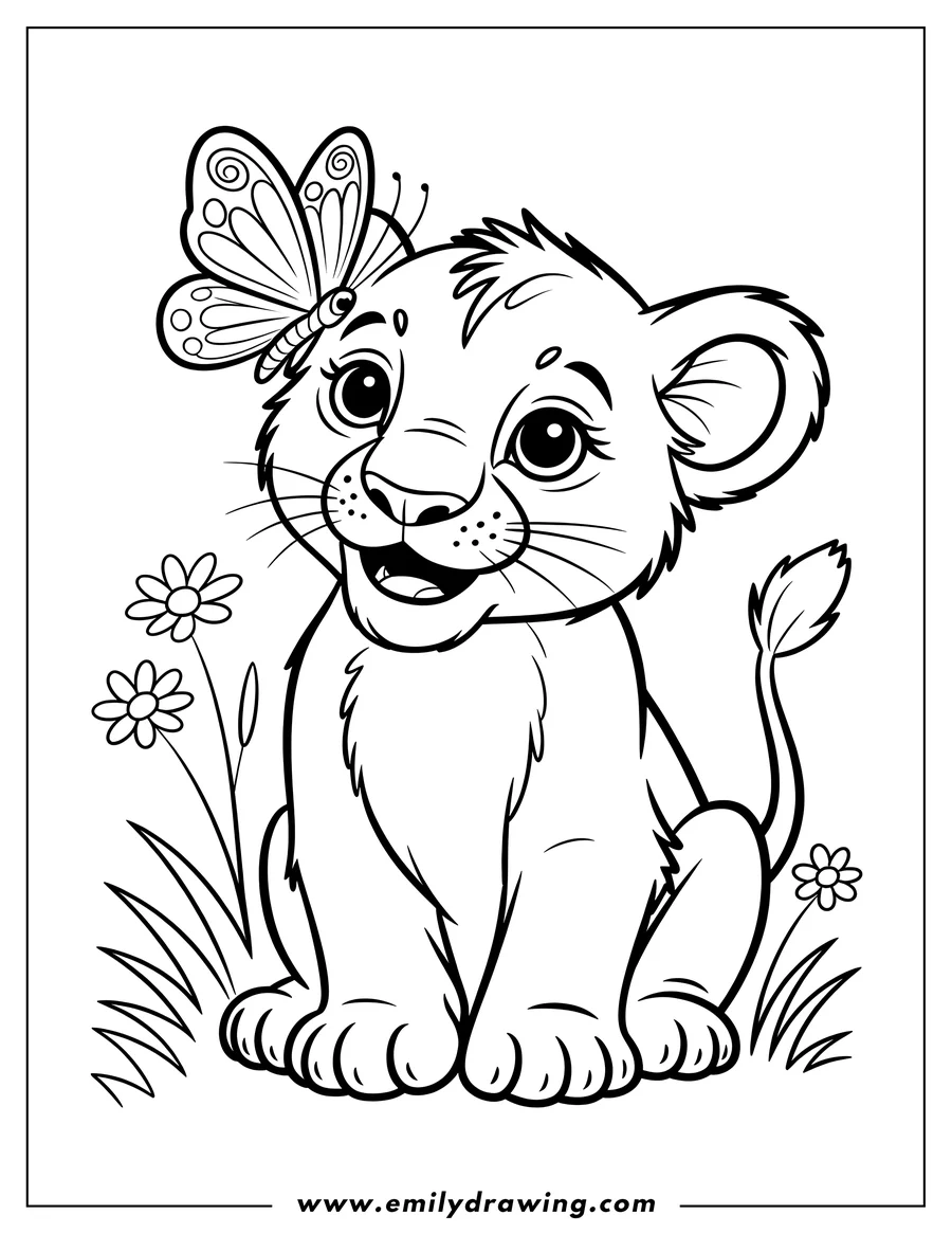 Outline of a lion cub sitting in the grass with a butterfly perched on its head. Daisies and blades of grass surround the cub.