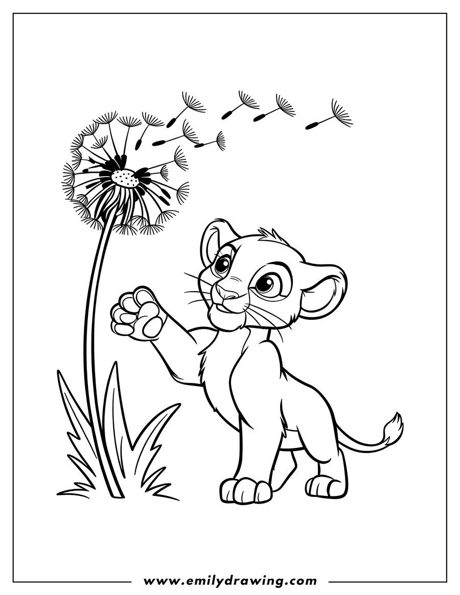 Line art of a lion cub reaching for a dandelion, with some seeds floating away