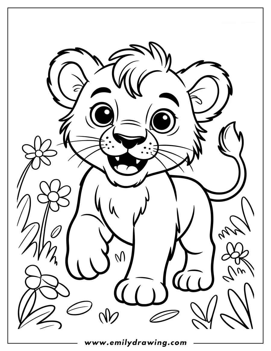 Outline of a lion cub walking amongst simple flowers and leaves.