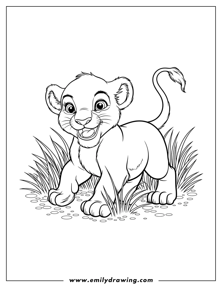 Outline of a lion cub walking in grass. It looks happy and playful.