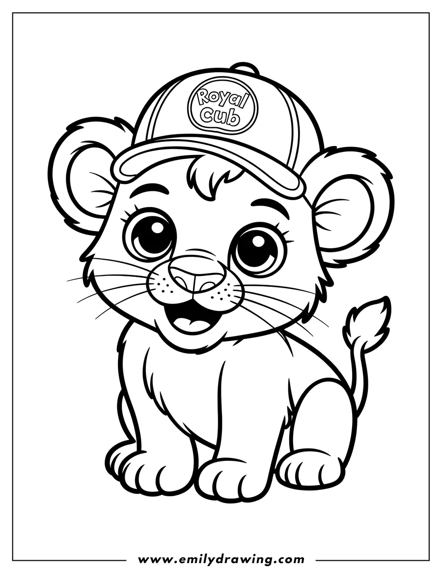 Outline of a lion cub wearing a baseball cap with