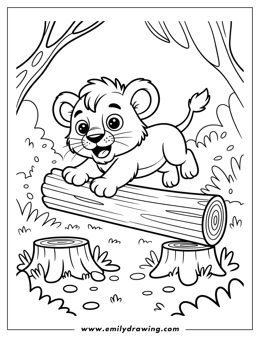 Outline of a lion cub carefully walking on a log between two tree stumps in a forest setting.