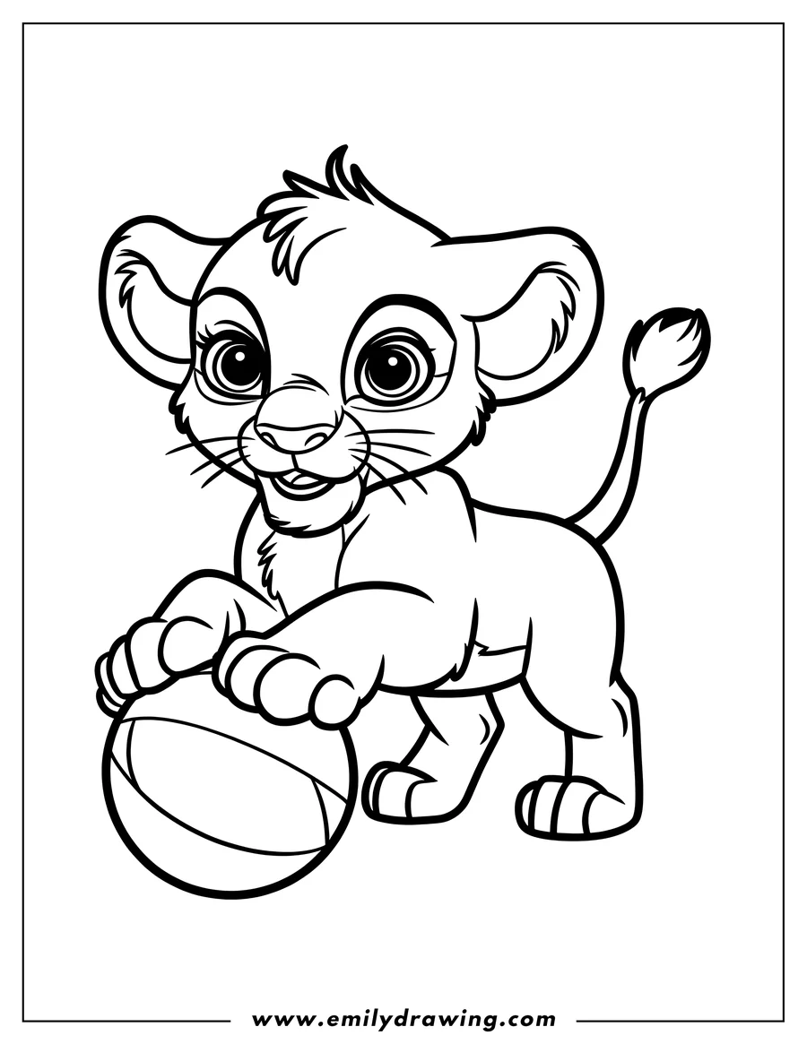 Outline of a lion cub playing with a ball.