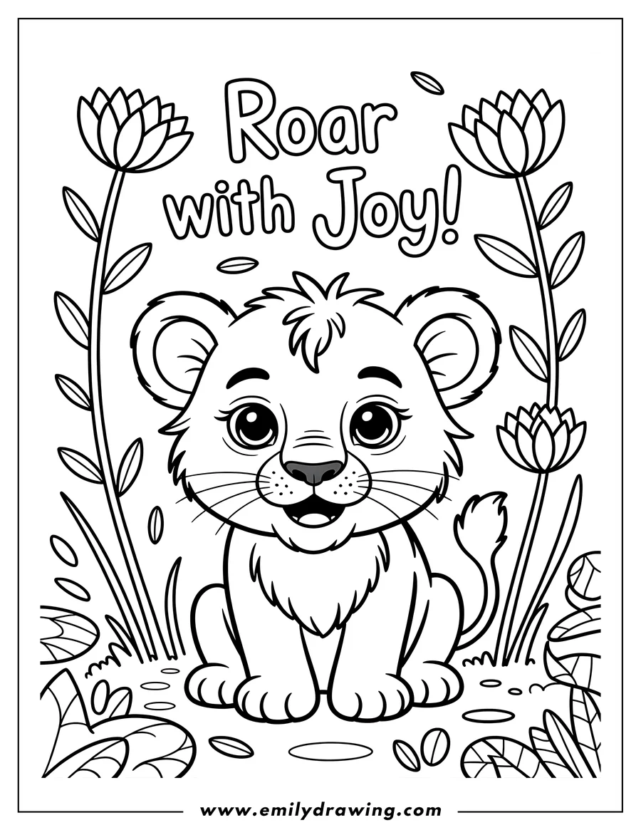 Outline of a lion cub sitting surrounded by stylized flowers. The cub has large eyes and a happy expression.
