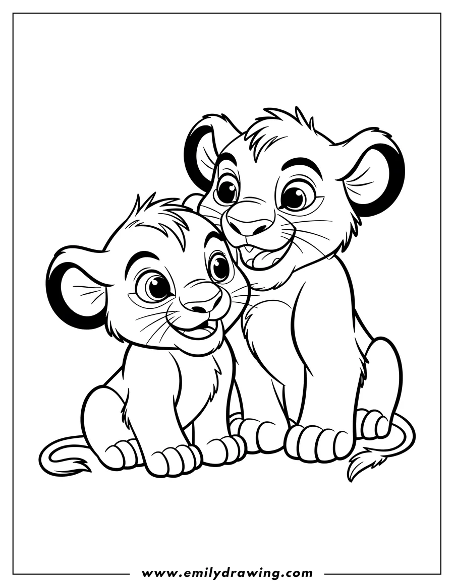 Outline of two lion cubs sitting together. One cub looks directly at the viewer, while the other looks to the side.