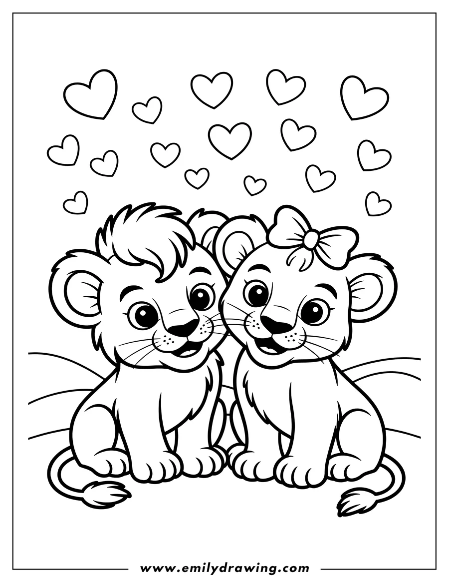 Outline of two lion cubs sitting together with hearts floating above them.