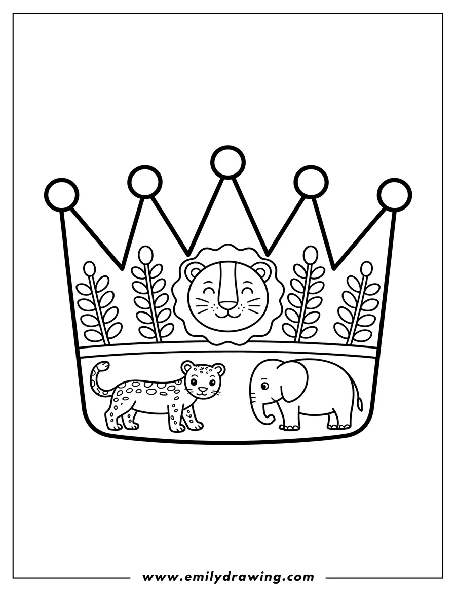 Outline of a crown featuring a lion, elephant, and leopard.