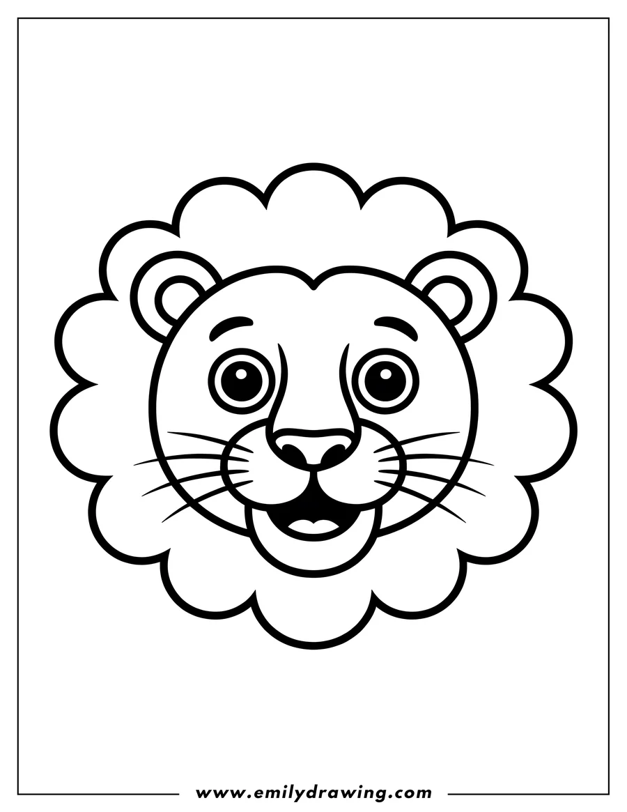 Outline of a friendly lion's face with a large, fluffy mane.