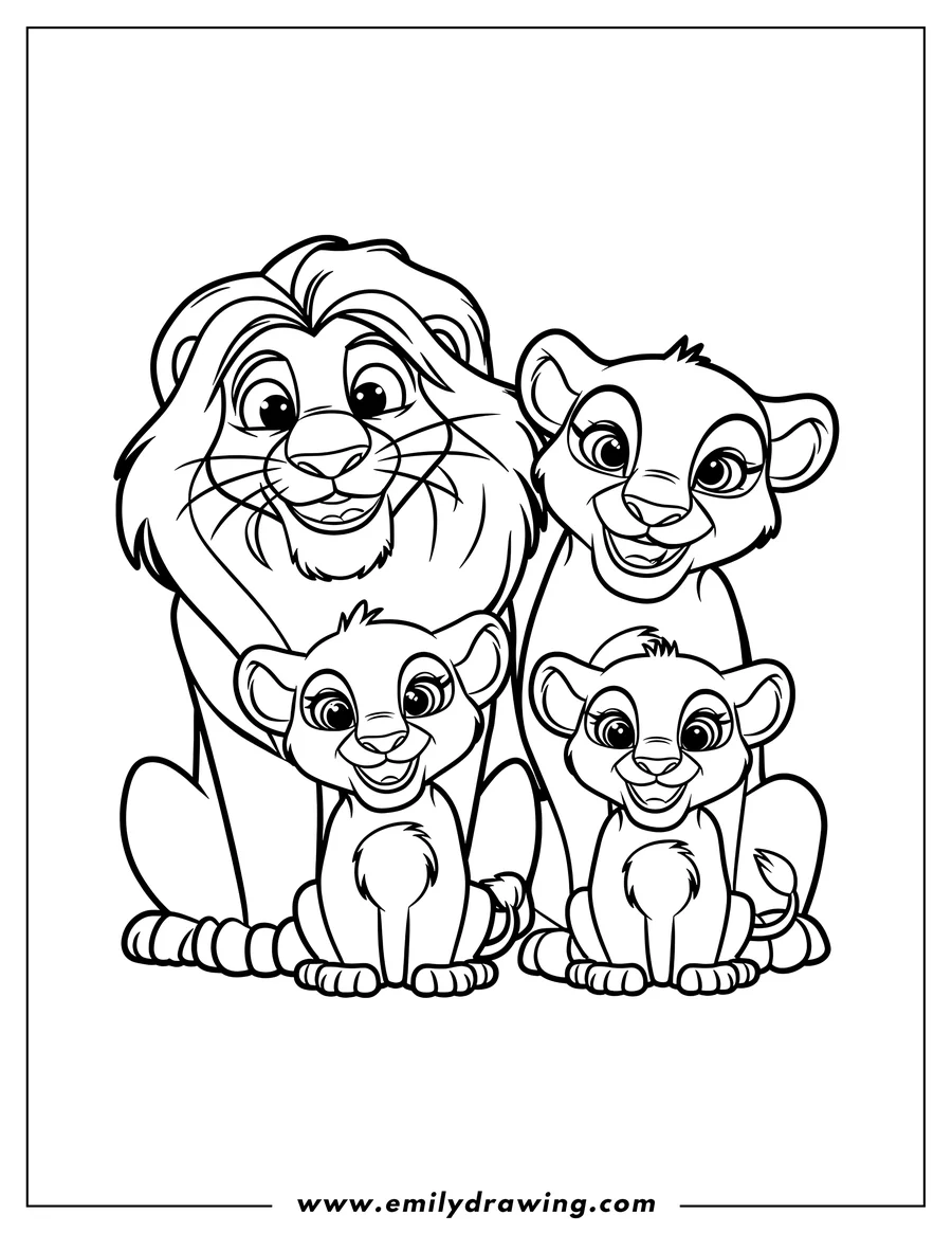 Outline of a lion family with two cubs.