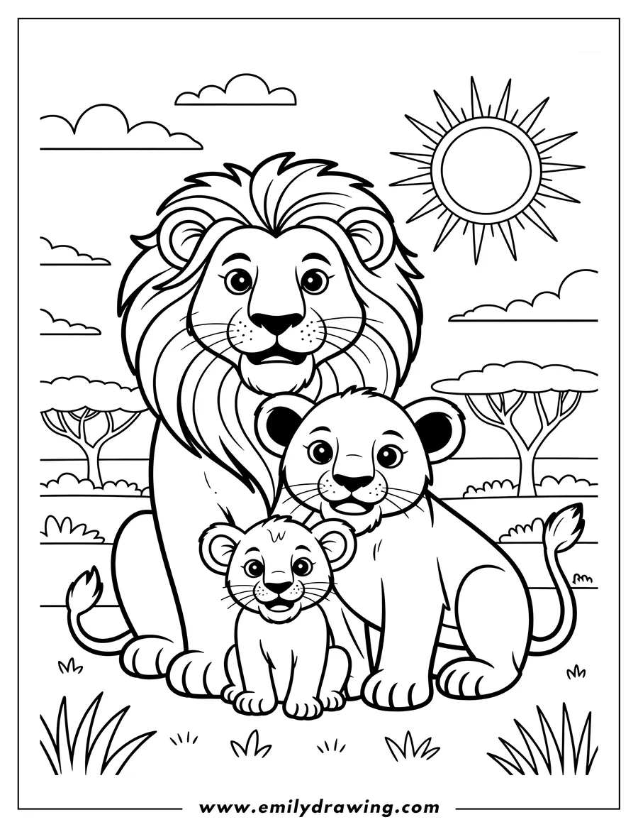 Outline of a lion family with two cubs and an adult lion in a savanna setting with trees, grass, clouds, and sun.
