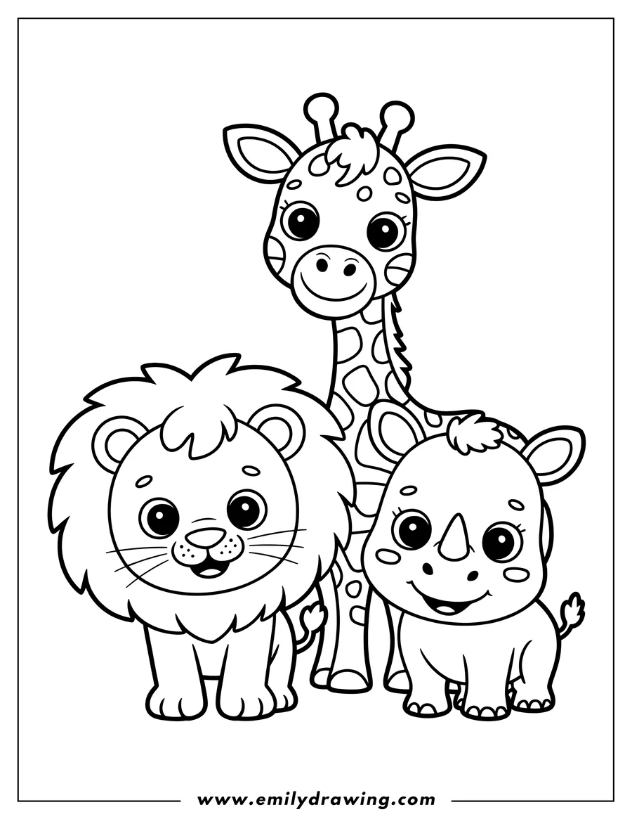 Line art of a lion, giraffe, and rhino standing together.