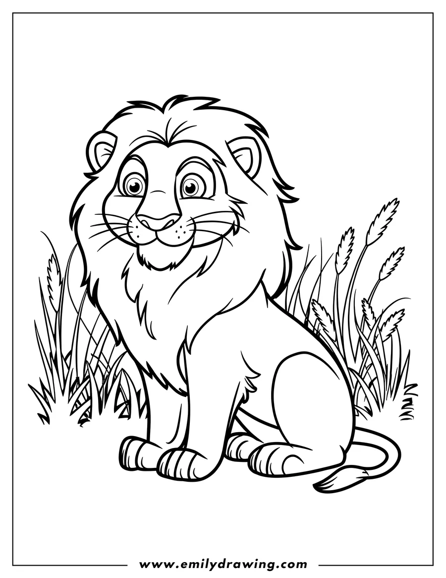 Outline of a young lion sitting calmly in tall grass.