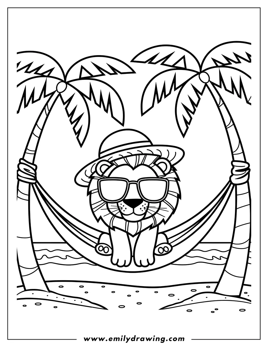 Outline of a lion wearing sunglasses and a hat, relaxing in a hammock strung between two palm trees on a sandy beach.