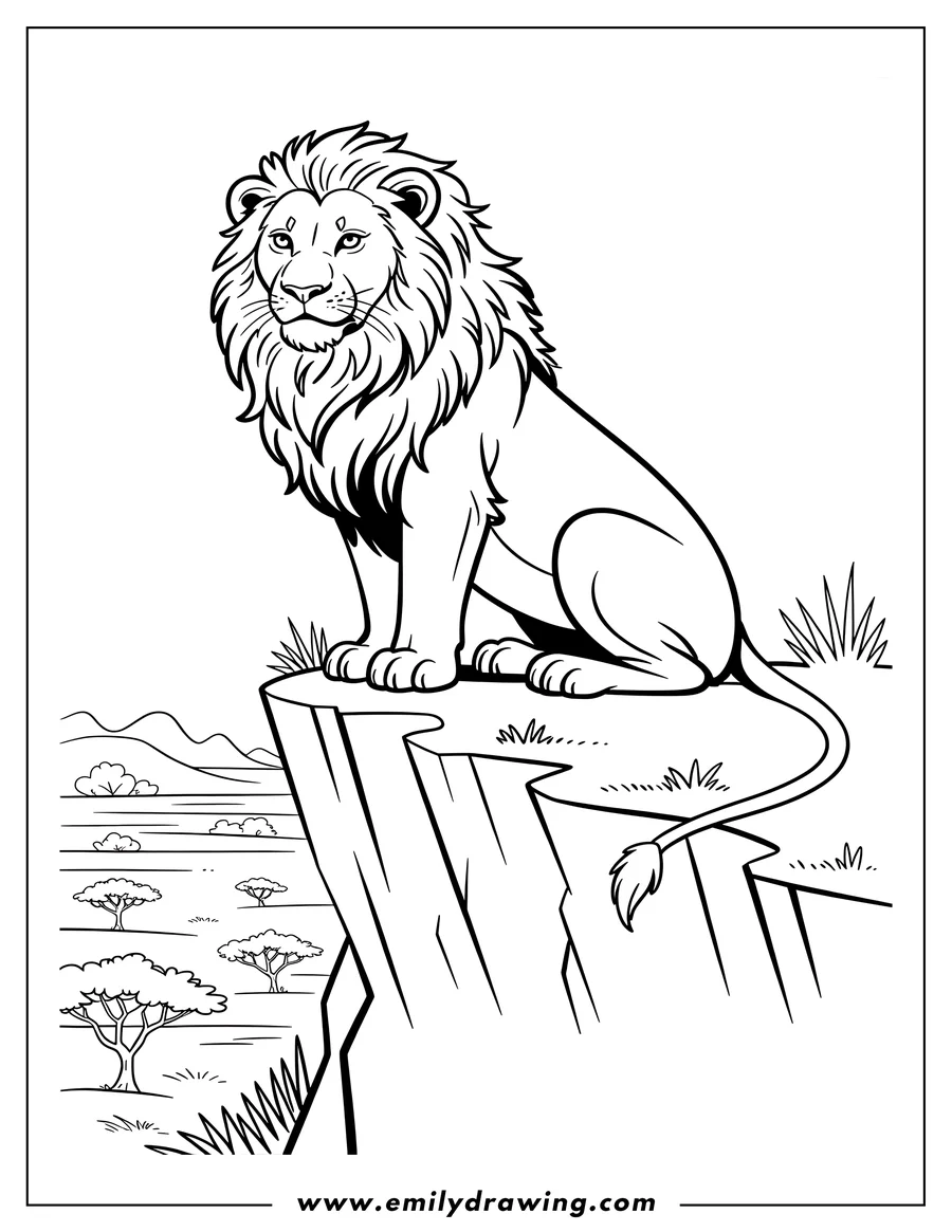 Outline of a lion sitting on a cliff, overlooking a savanna landscape with trees.