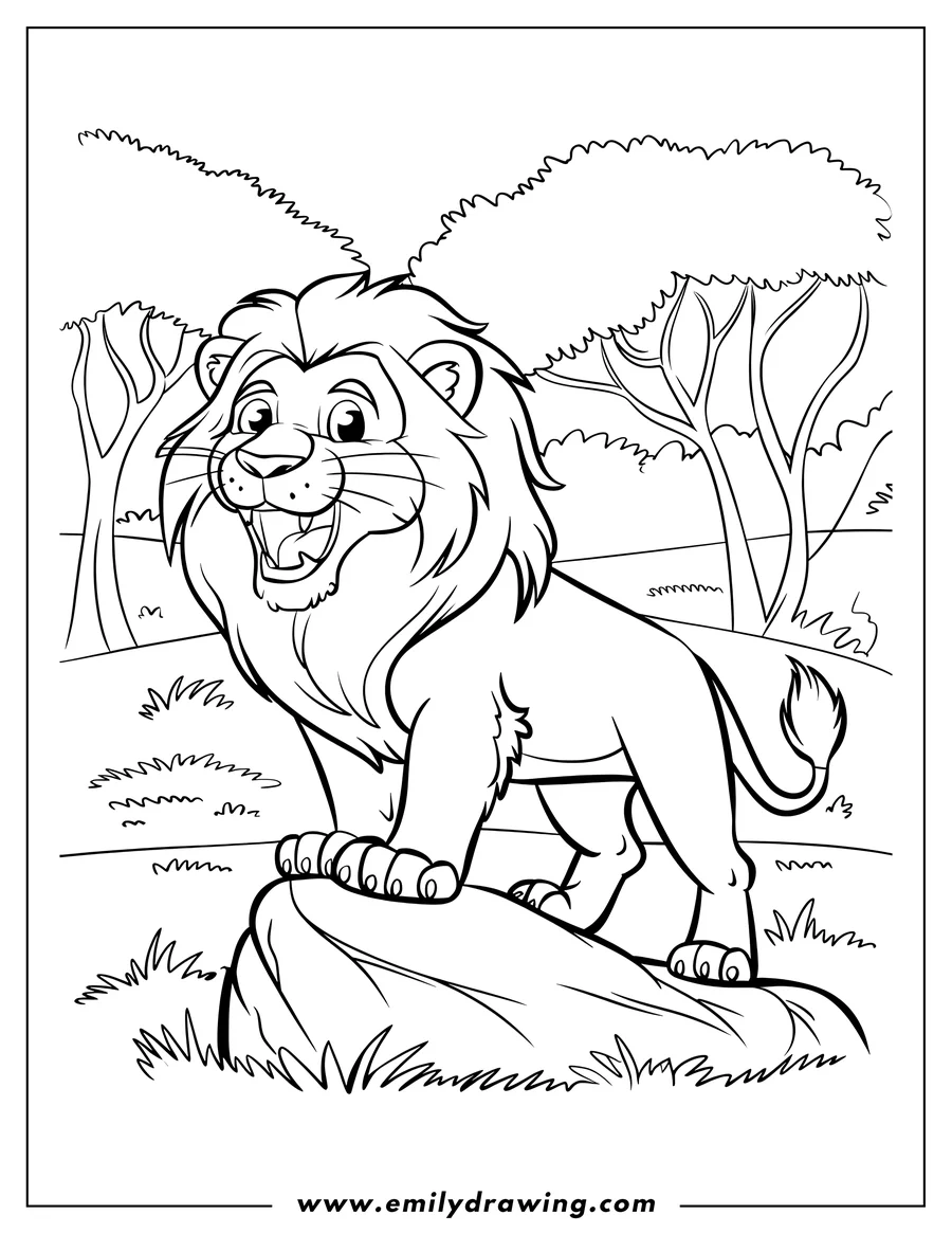 Line art of a smiling lion standing on a rock, with trees and grass in the background.