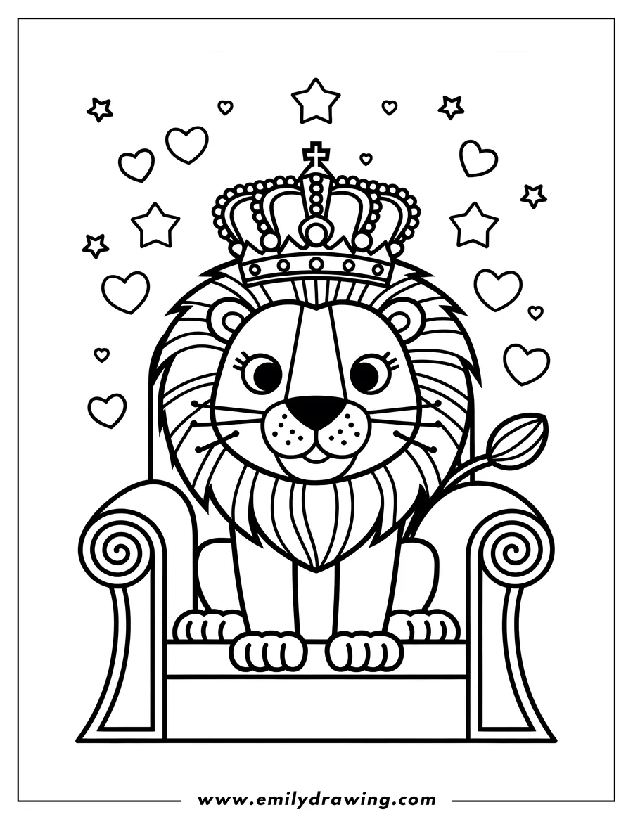 Outline of a lion wearing a crown and sitting on a throne.