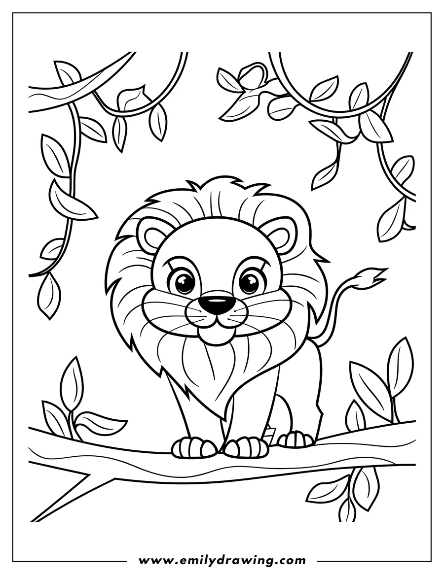 Outline of a lion cub sitting on a tree branch surrounded by leaves.