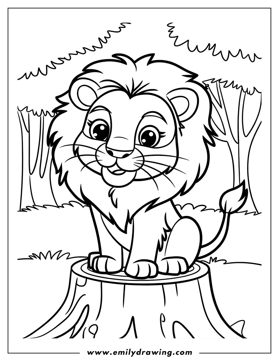 Outline of a young lion sitting on a tree stump in a forest setting.