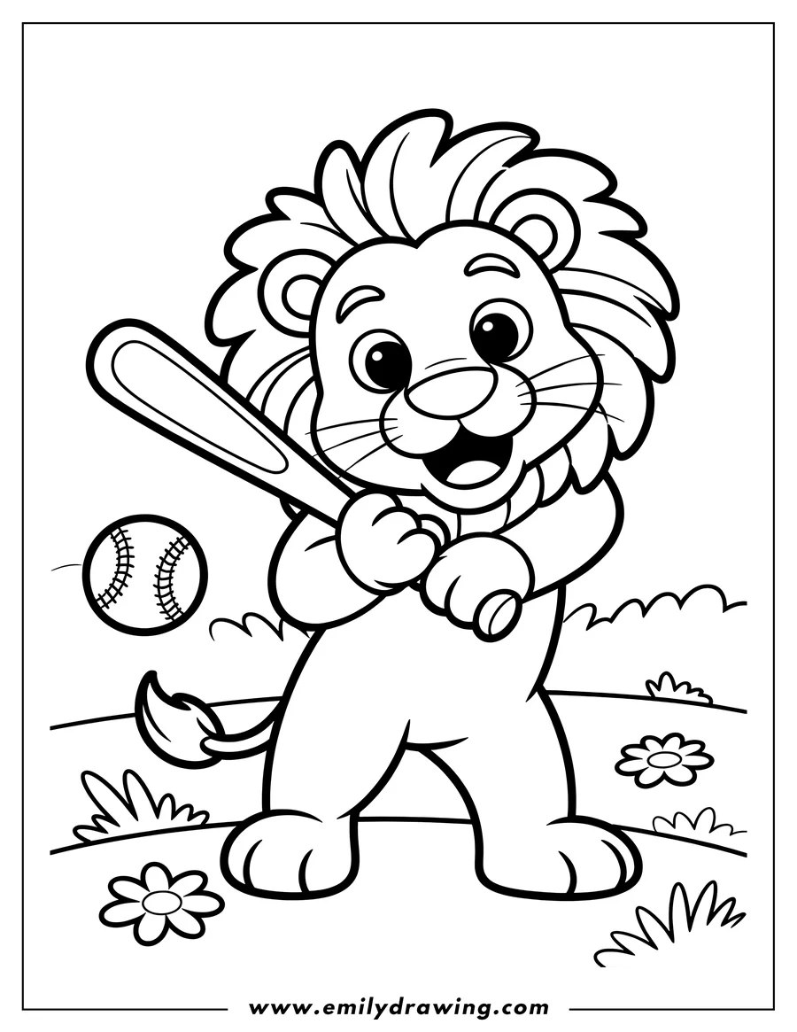 Line art of a lion holding a baseball bat, ready to swing at a baseball in a field of grass with flowers.