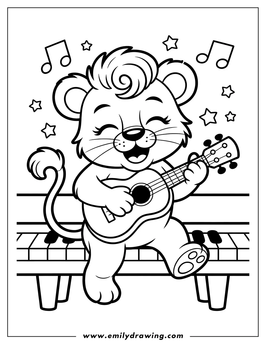 Outline of a cheerful lion playing a ukulele while standing on top of a piano. Musical notes and stars surround the lion.