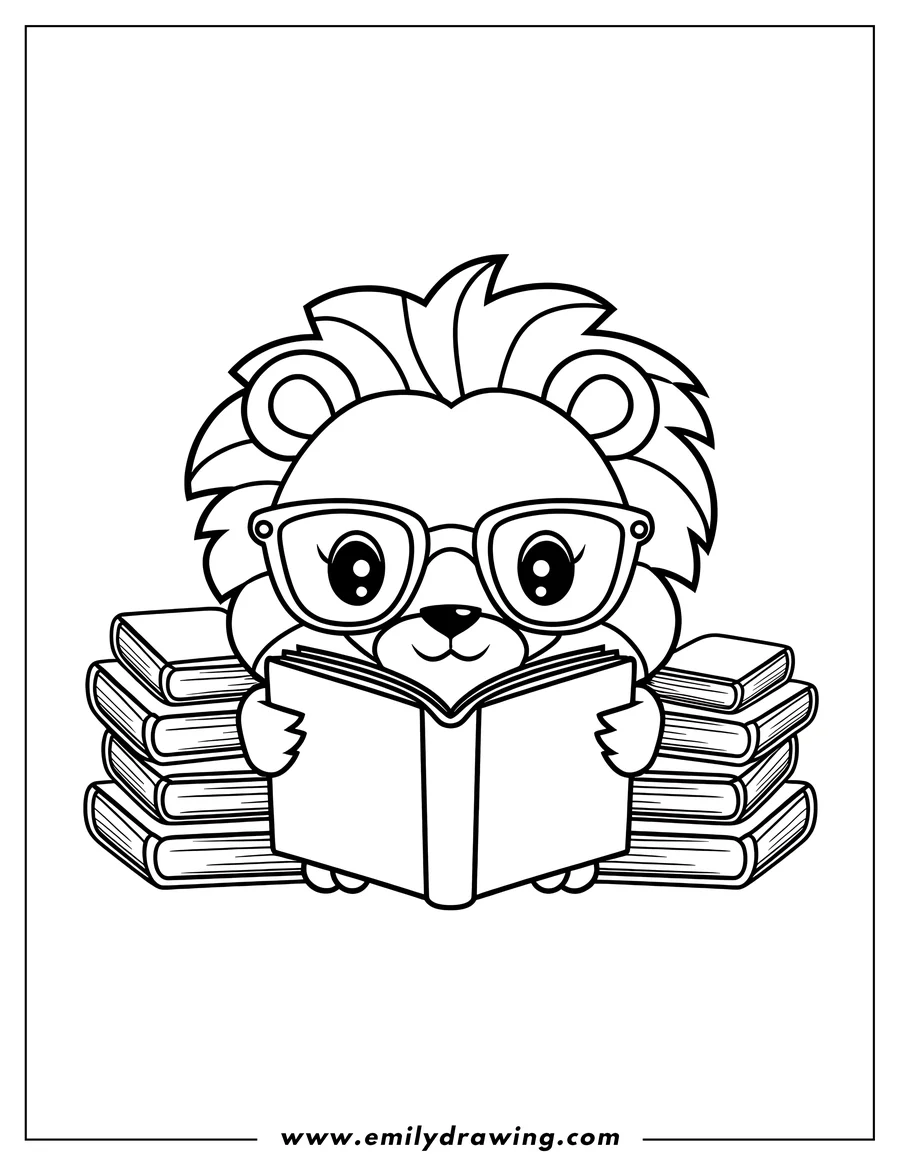 Outline of a lion wearing glasses, sitting and reading a book with a stack of books beside him.