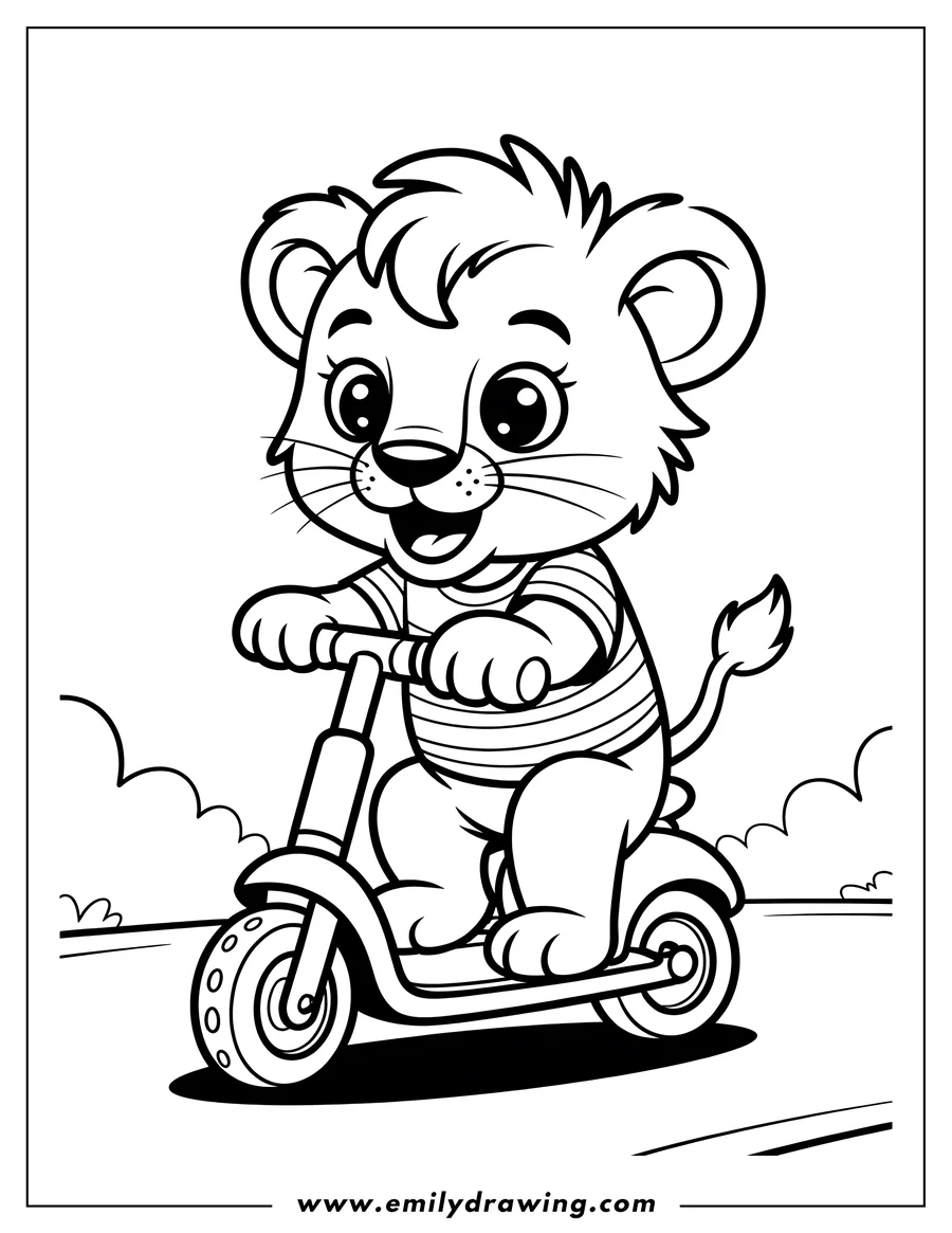 Outline of a lion cub riding a scooter in the park. He's wearing a striped shirt and has a big smile.