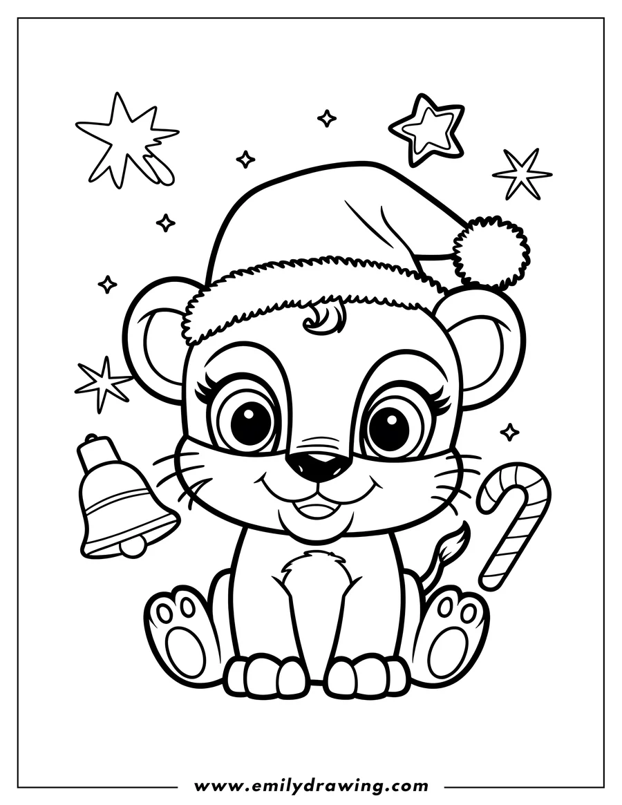 Outline of a lion cub wearing a Santa hat, sitting with a Christmas bell and candy cane beside it, surrounded by festive sparkles and stars.