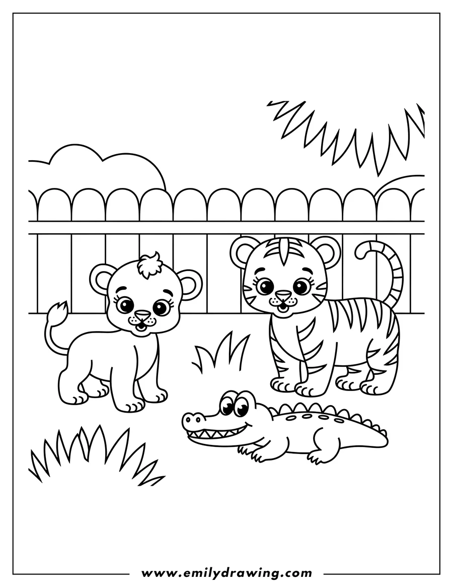 Outline of a lion cub, tiger cub, and a small crocodile, likely in a zoo enclosure suggested by a fence in the background.