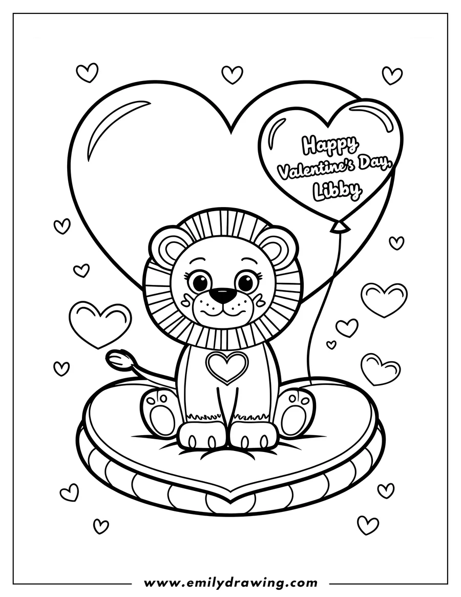 Outline of a lion cub holding a heart-shaped balloon that says