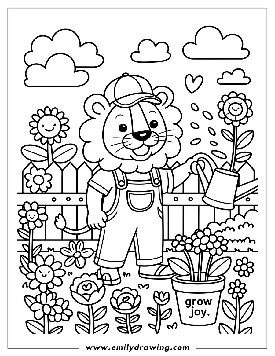 Outline of a lion wearing overalls and a cap, watering flowers in a garden with a watering can. Some flowers are in a pot and some are in the ground by a fence.