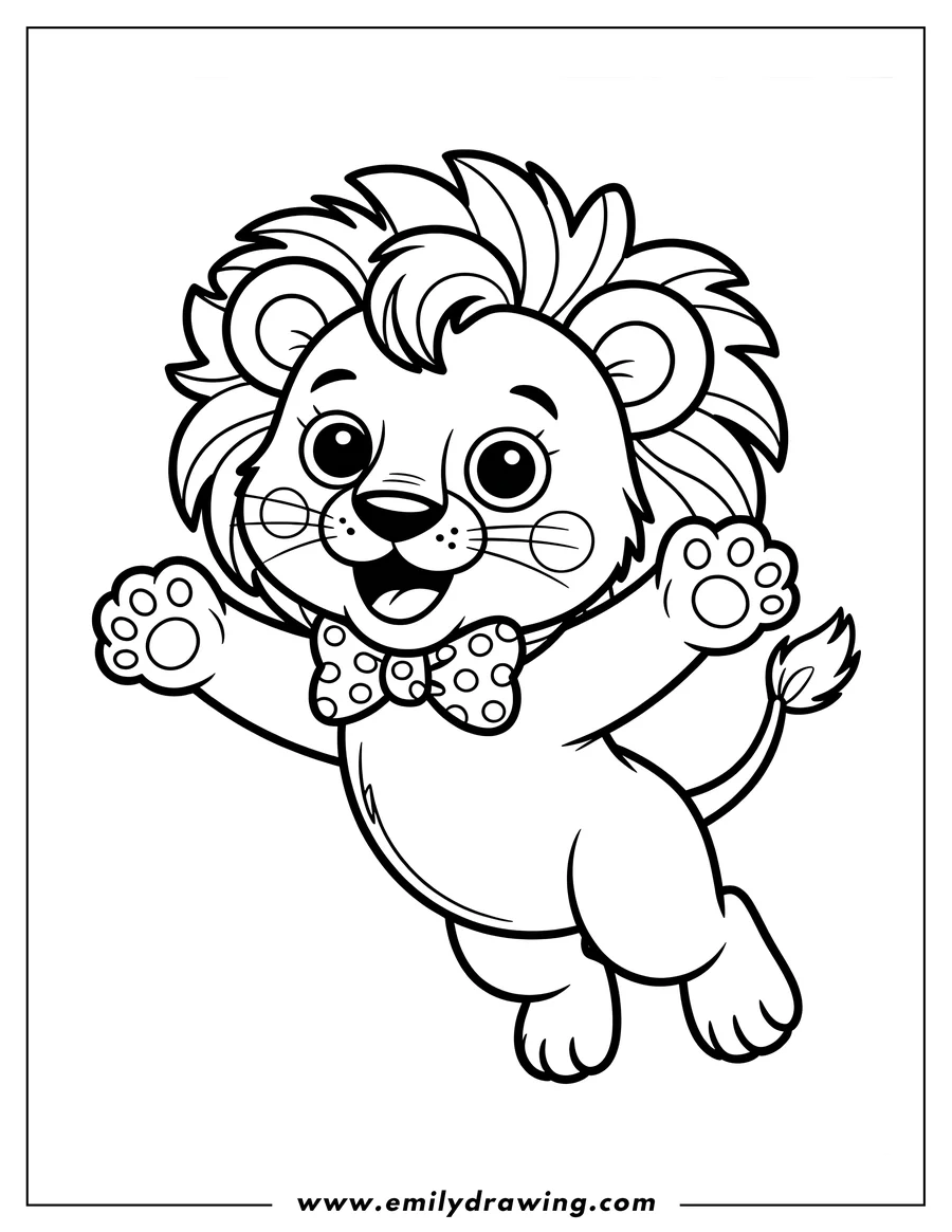 Line art of a cheerful lion cub wearing a polka-dot bow tie, arms outstretched for a hug.
