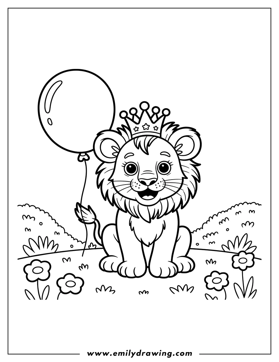Outline of a lion cub wearing a crown and holding a balloon, sitting in a grassy area with flowers.