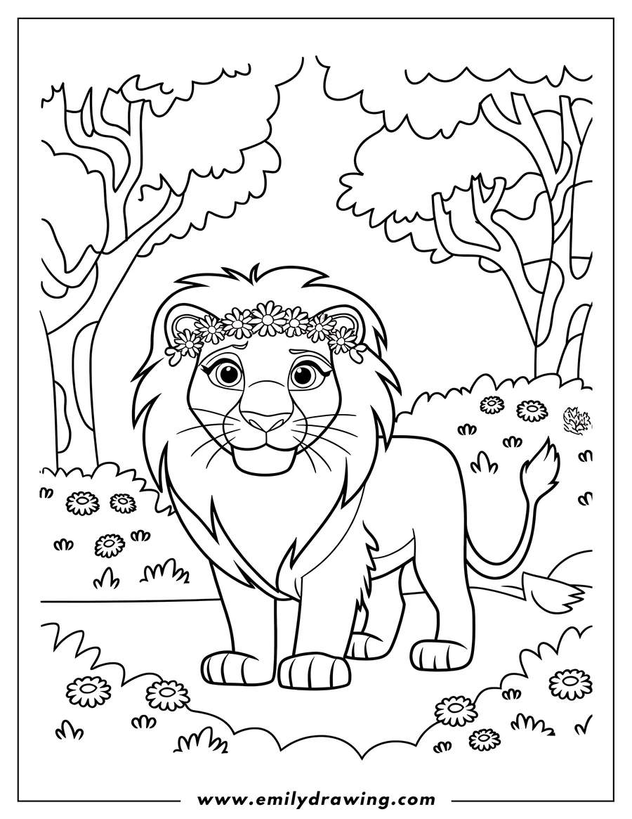 Outline of a lion wearing a flower crown, standing in a field with flowers and trees in the background.