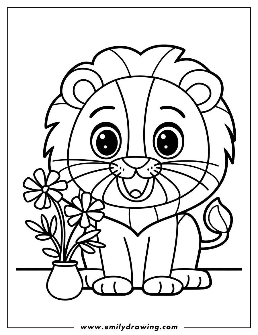 Line art of a cheerful lion cub sitting beside a vase of flowers.