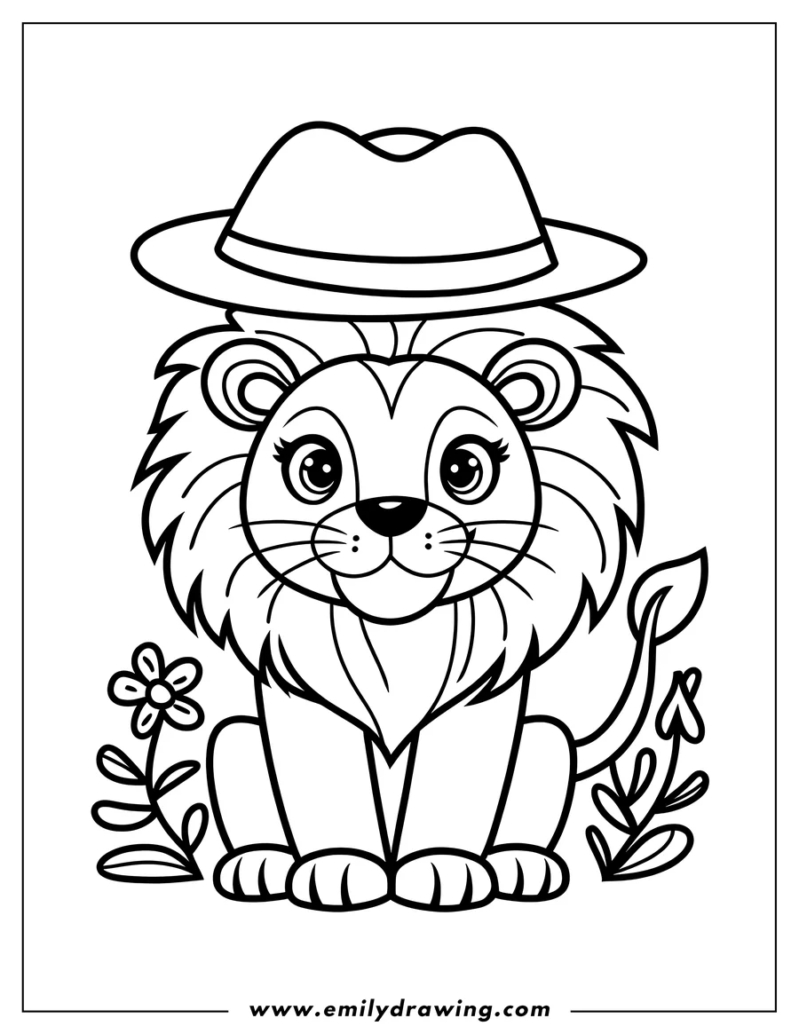 Outline of a lion wearing a fedora and sitting near flowers.