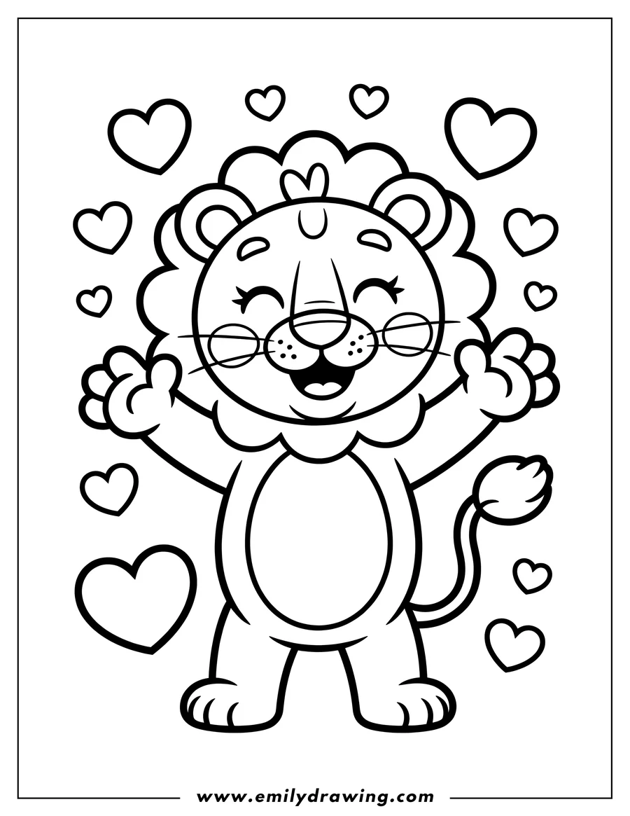 Outline of a happy lion surrounded by hearts. The lion is smiling and seems very friendly.