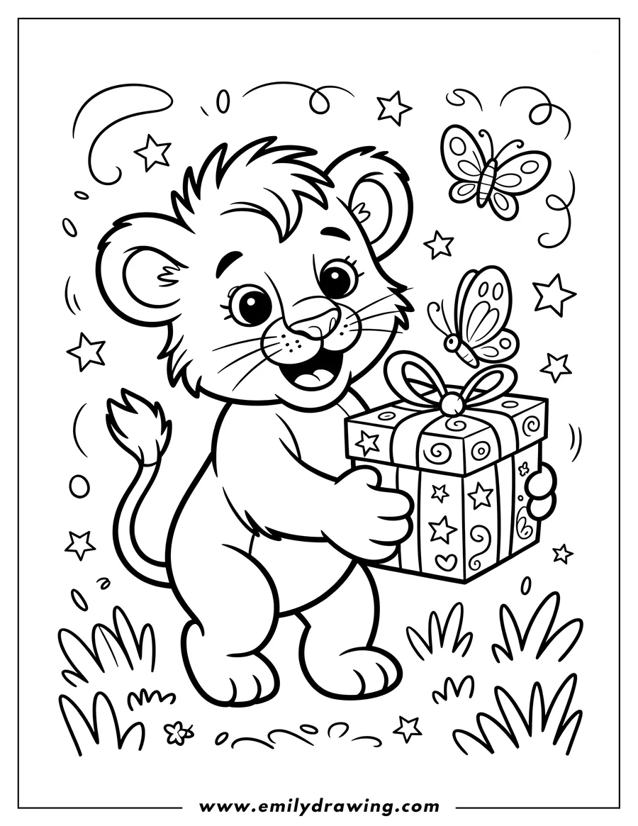 Line art of a lion cub holding a gift decorated with stars and a ribbon with butterflies fluttering around.