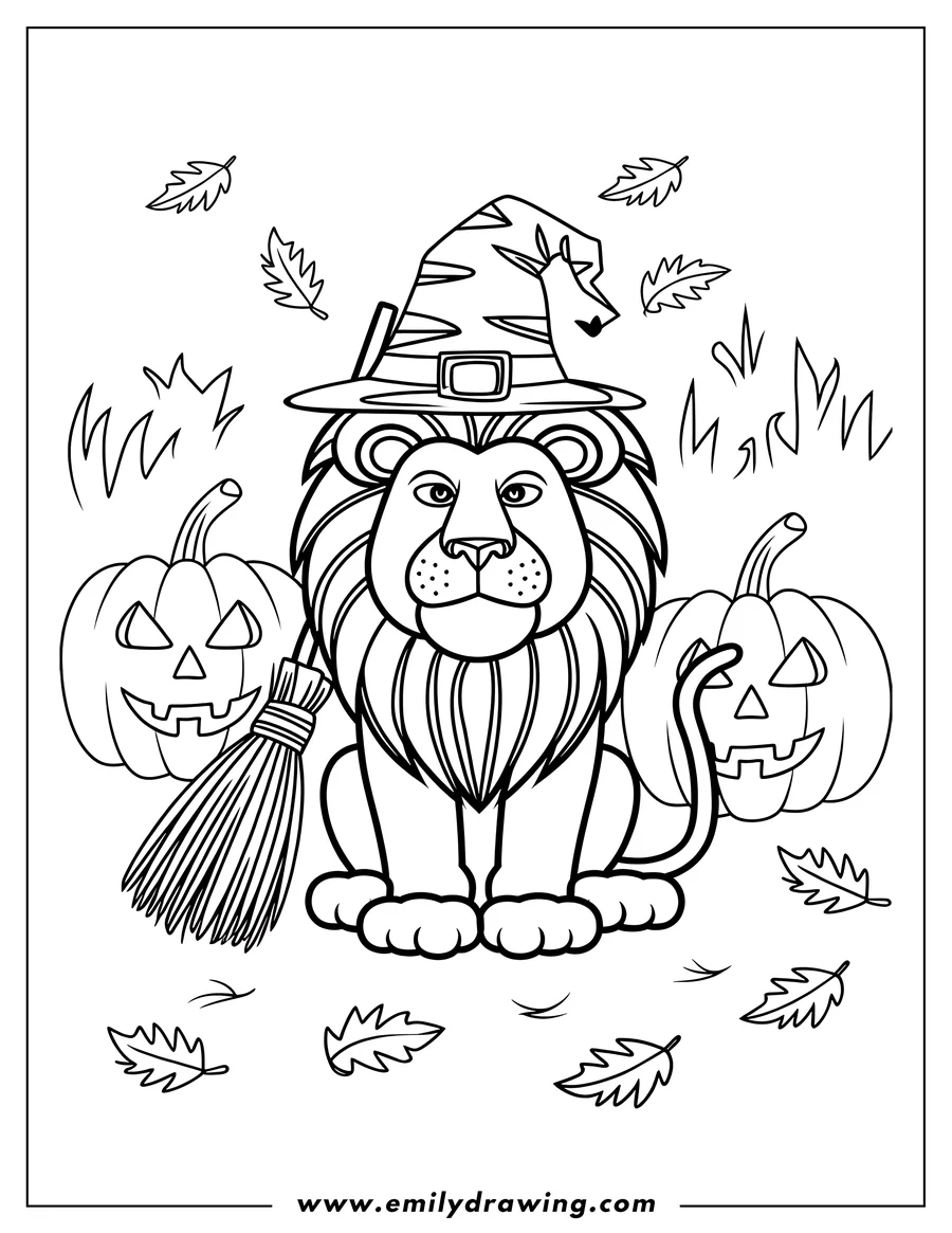Outline of a lion wearing a witch's hat, sitting between two pumpkins, and holding a broom. Autumn leaves fall around him.