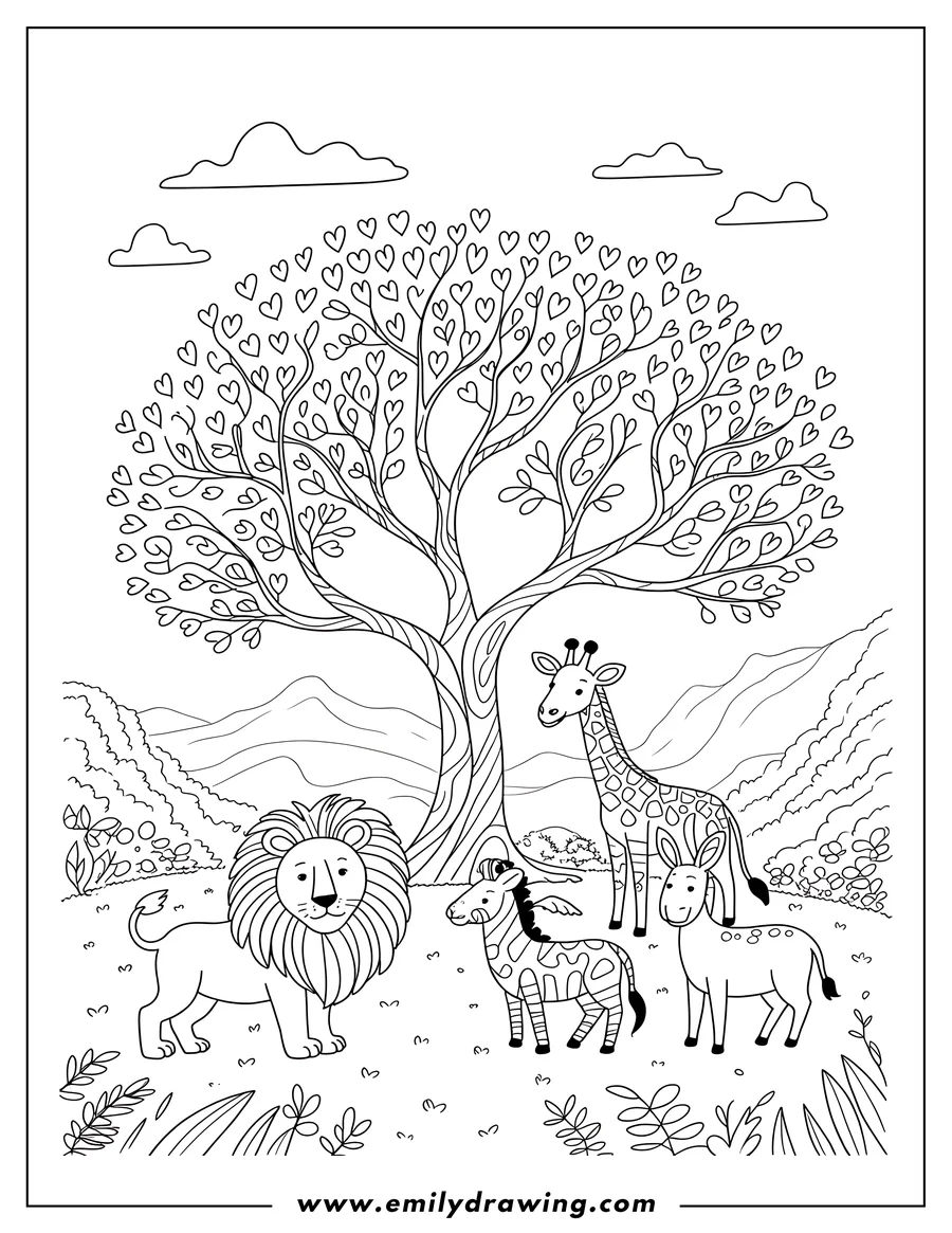 Line art of a lion, zebra, and giraffe standing beneath a whimsical tree with heart-shaped leaves. Mountains are visible in the background.
