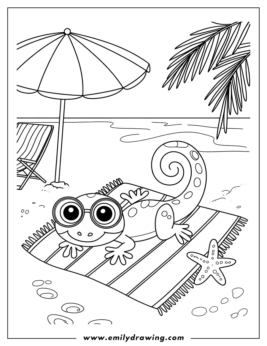 Outline of a lizard relaxing on a striped beach towel near the ocean, with a starfish beside it. A beach umbrella and chair are visible in the background.